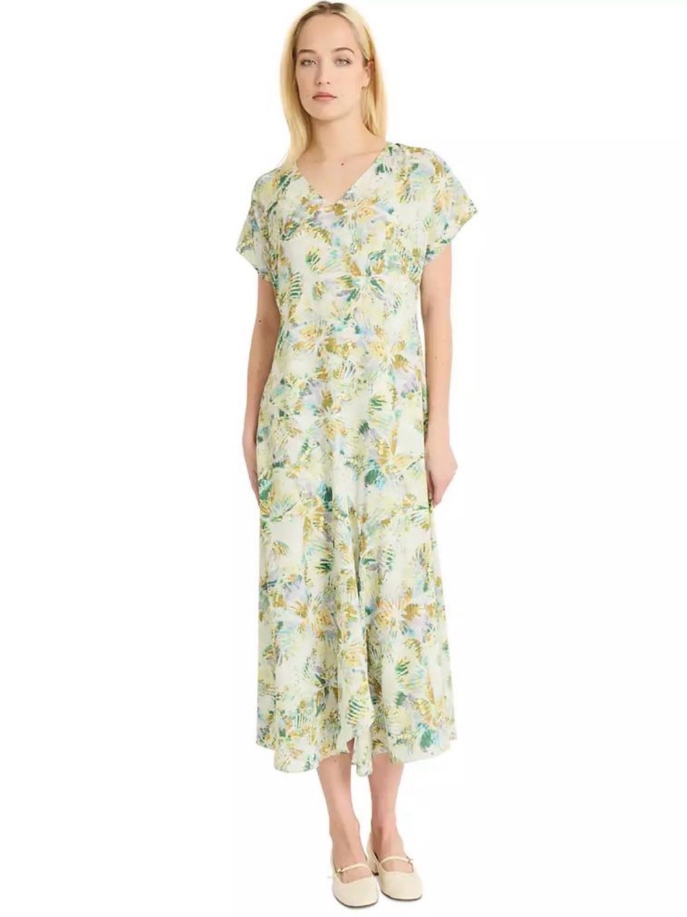 Luxely Women's Printed Raglan-Sleeve V-neck Midi Dress - Beige/Green - 8 - NWT